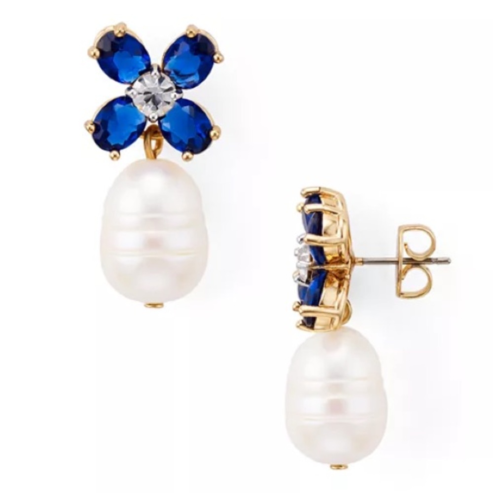 TORY BURCH BUDDY BLUE CLOVER PEARL DROP EARRINGS - Picture 2 of 6